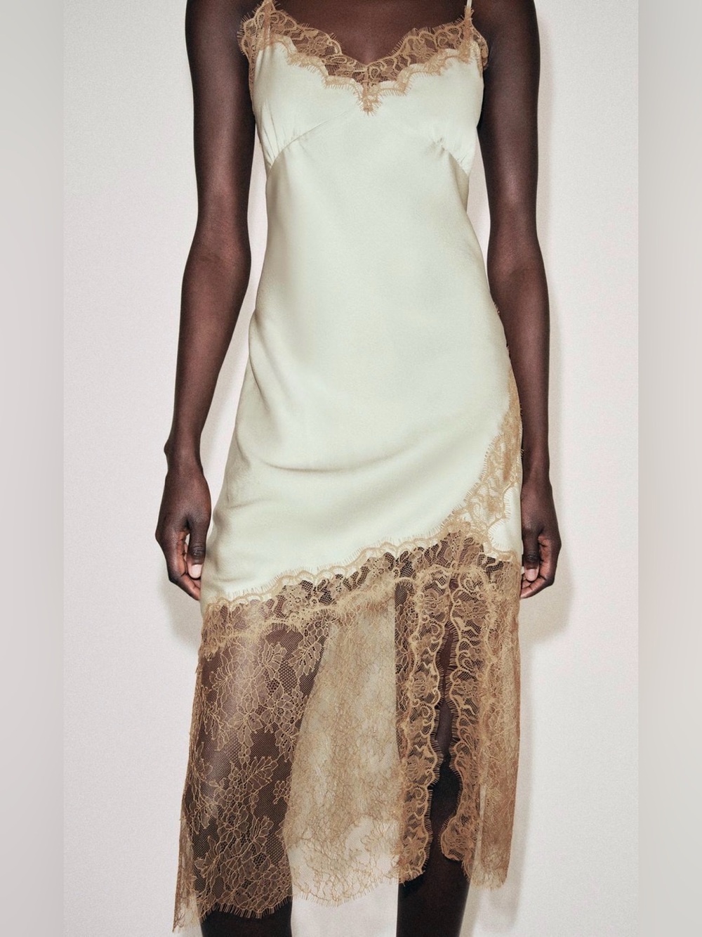 NWT Zara Pale Sea Green Slip Dress with Tan Lace Trim Size Large 2678/048 - Picture 6 of 10